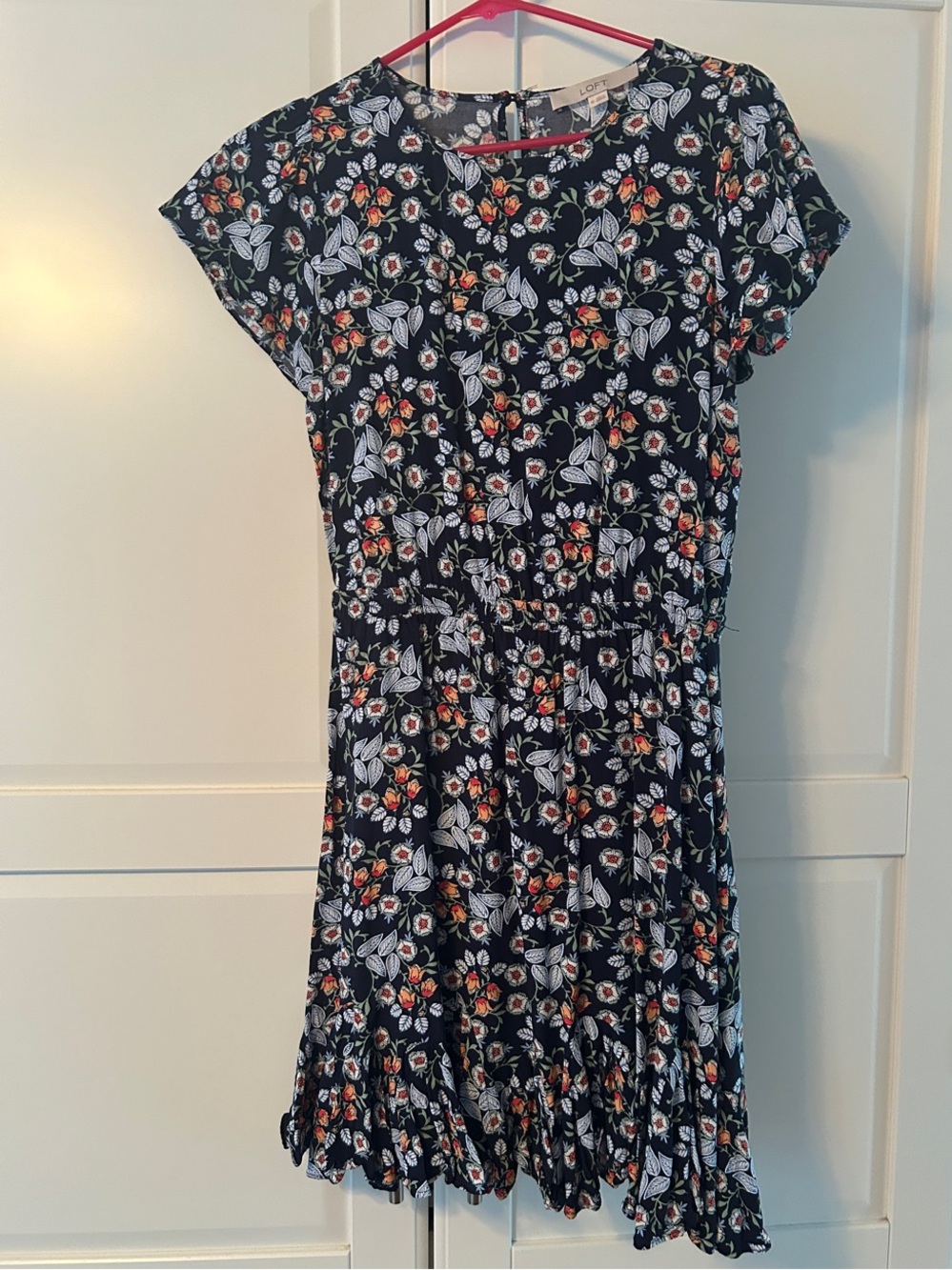 LOFT Navy Floral Short Sleeve Ruffle-Hem Dress